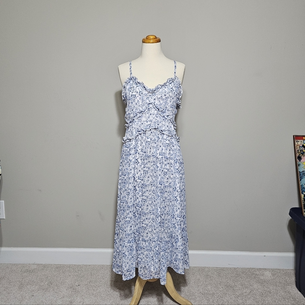 No Boundaries Blue White Floral Midi Dress L 11-13 - Picture 1 of 7